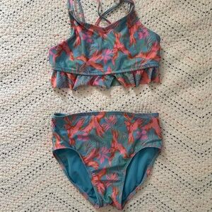 Cat & Jack Teal Floral Ruffle Bikini Set - Pink & Orange Accents